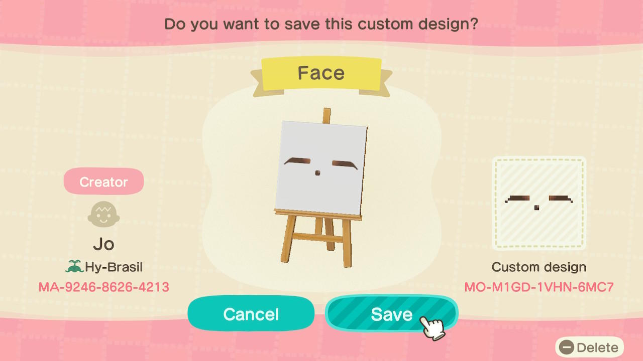 Animal Crossing Design Code: MO-M1GD-1VHN-6MC7 Face