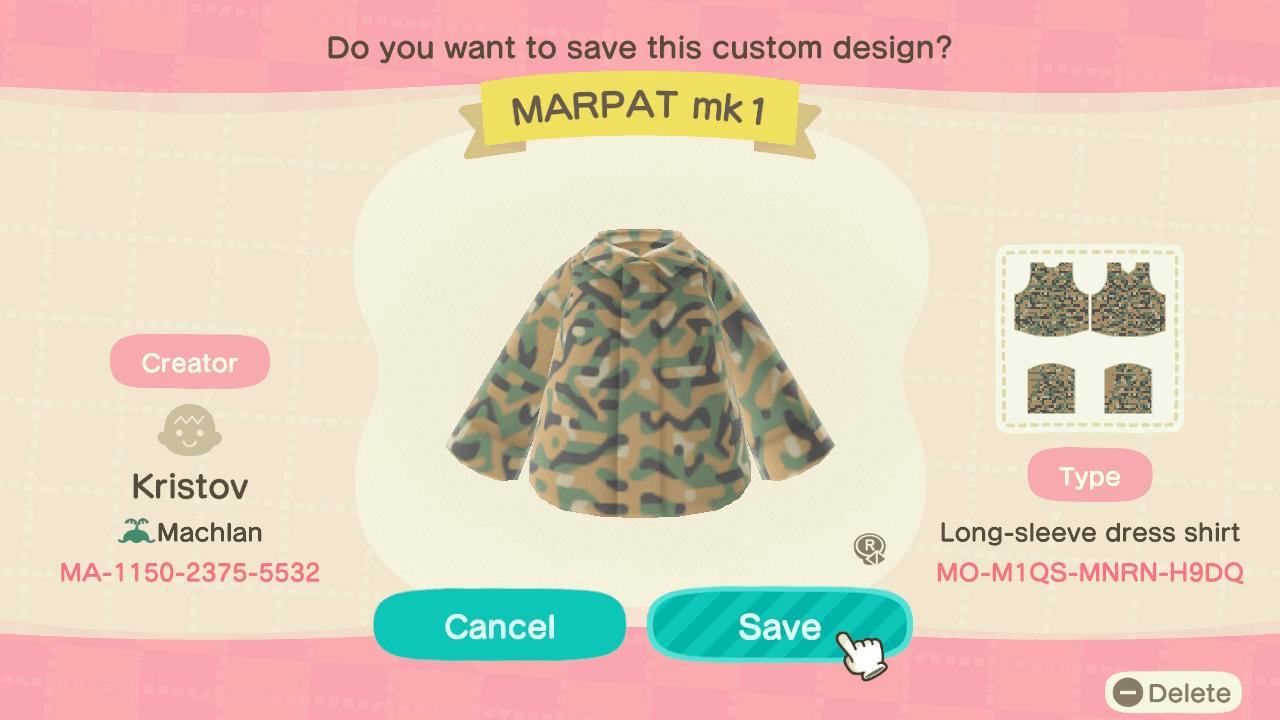 Animal Crossing Design Code: MO-M1QS-MNRN-H9DQ MARPAT mk1