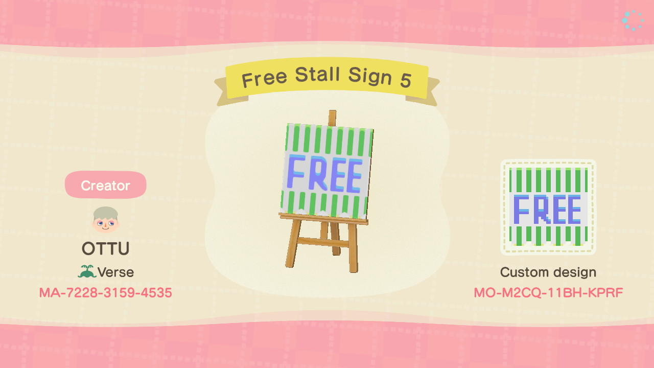 Animal Crossing Design Code: MO-M2CQ-11BH-KPRF Free Stall Sign 5