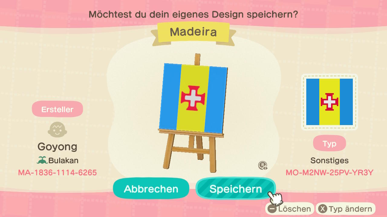 Animal Crossing Design Code: MO-M2NW-25PV-YR3Y Madeira