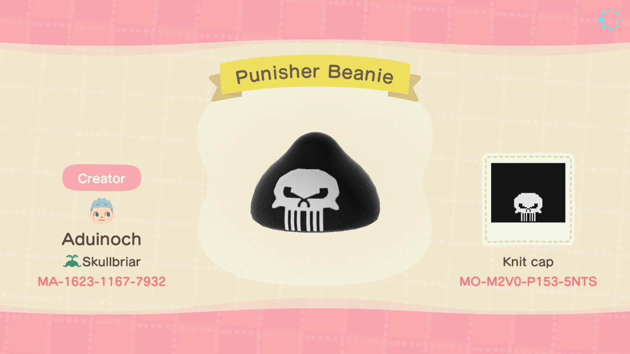 Animal Crossing Design Code: MO-M2V0-P153-5NTS Punisher Beanie