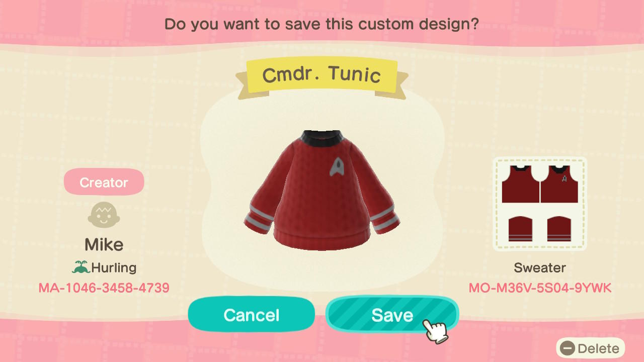Animal Crossing Design Code: MO-M36V-5S04-9YWK Cmdr. Tunic
