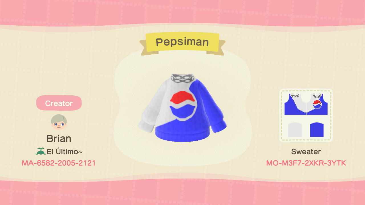 Animal Crossing Design Code: MO-M3F7-2XKR-3YTK Pepsiman