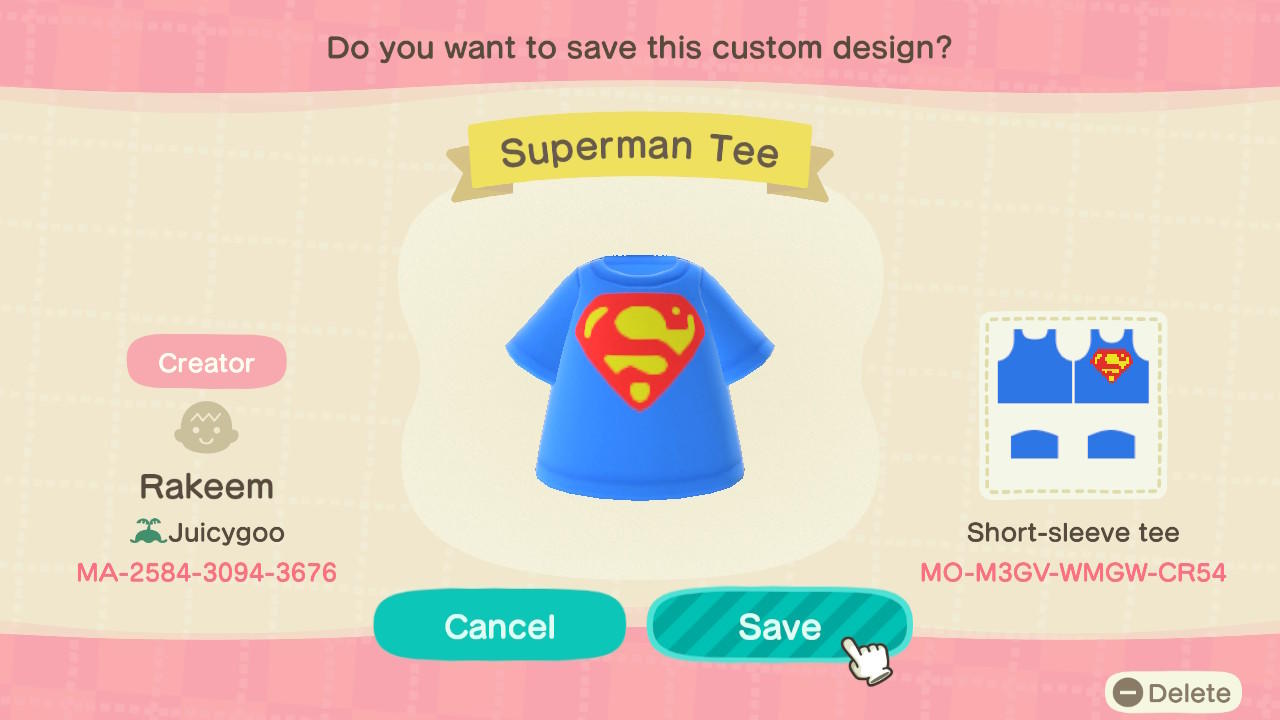 Animal Crossing Design Code: MO-M3GV-WMGW-CR54 Superman T-Shirt