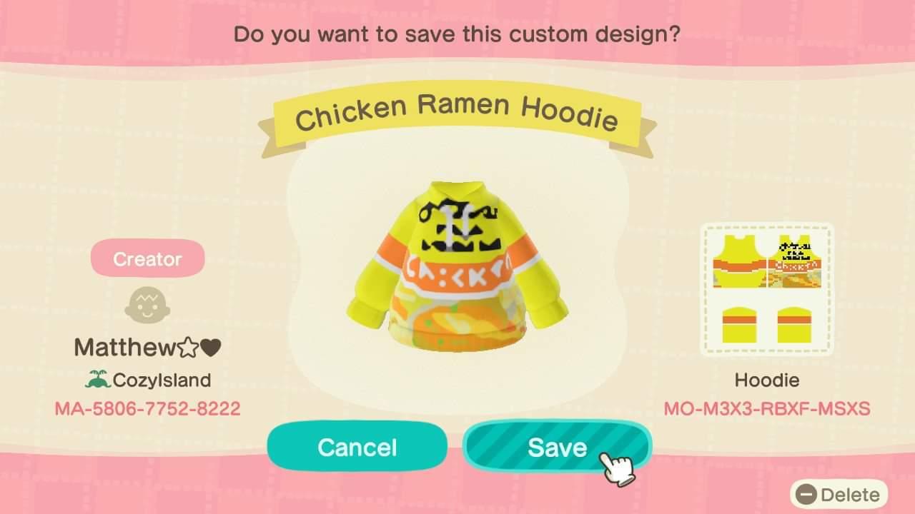 Animal Crossing Design Code: MO-M3X3-RBXF-MSXS Chicken Ramen Hoodie