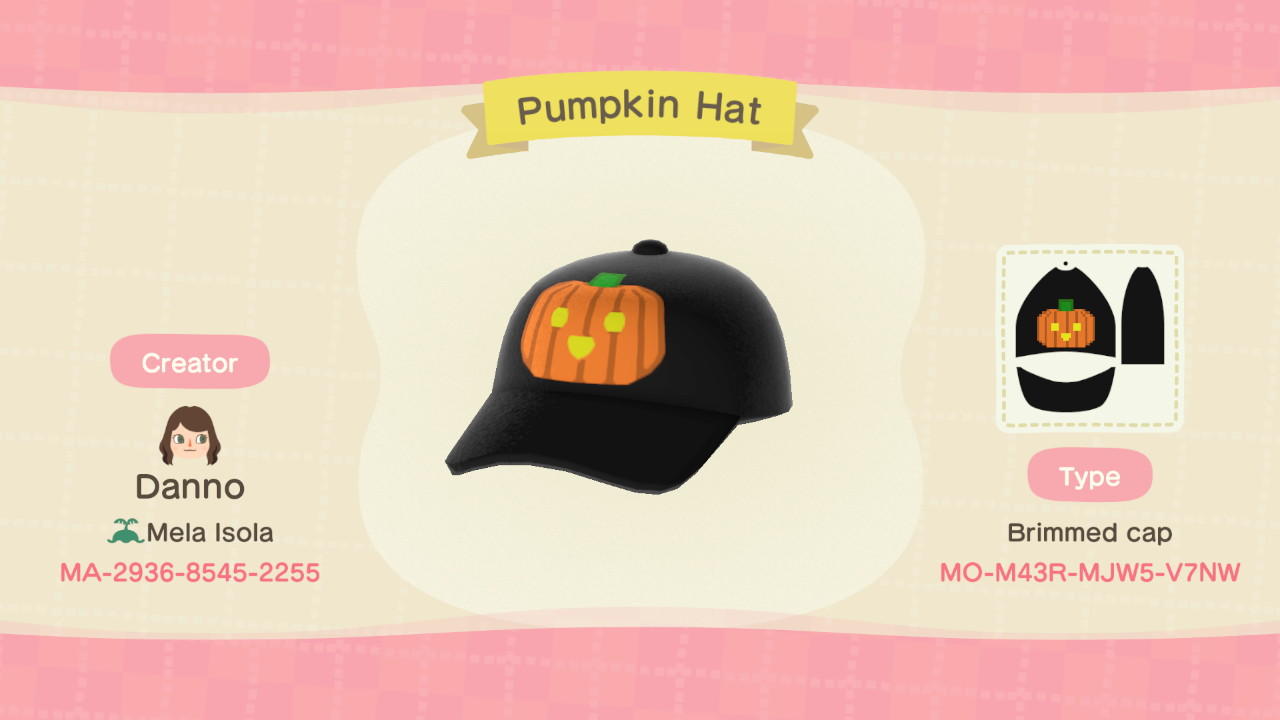 Animal Crossing Design Code: MO-M43R-MJW5-V7NW Pumpkin Hat