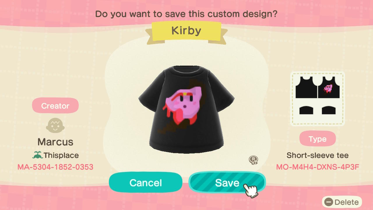 Animal Crossing Design Code: MO-M4H4-DXNS-4P3F Fighter Kirby
