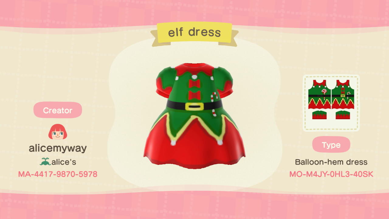 Animal Crossing Design Code: MO-M4JY-0HL3-40SK Santa's elf dress