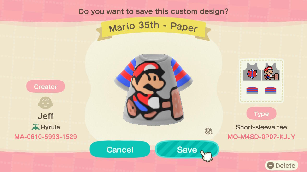 Animal Crossing Design Code: MO-M4SD-0P07-KJJY Mario 35th - Paper