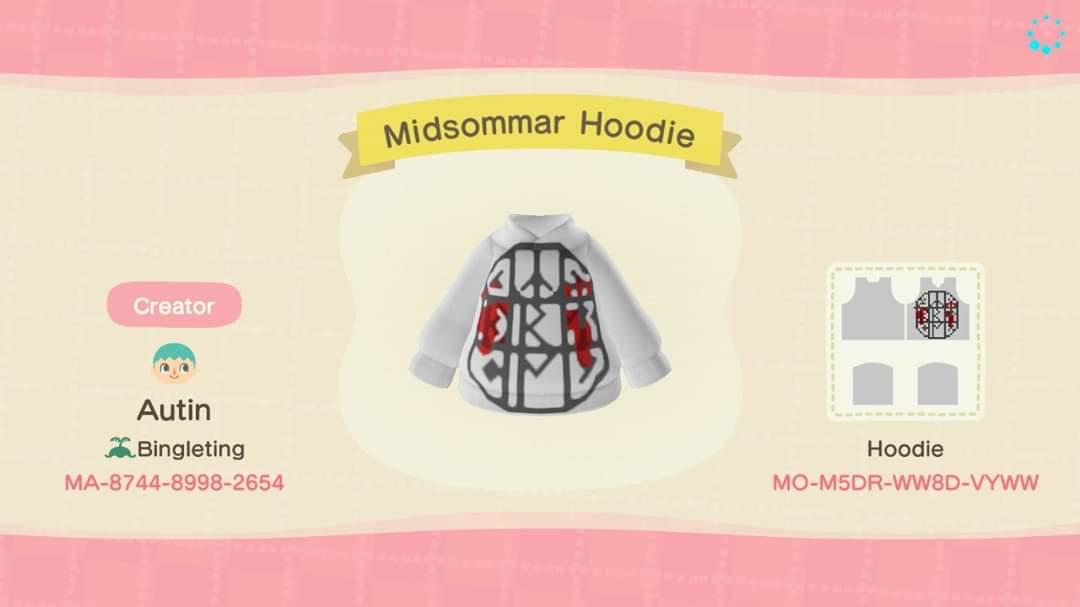 Animal Crossing Design Code: MO-M5DR-WW8D-VYWW Midsommar Hoodie