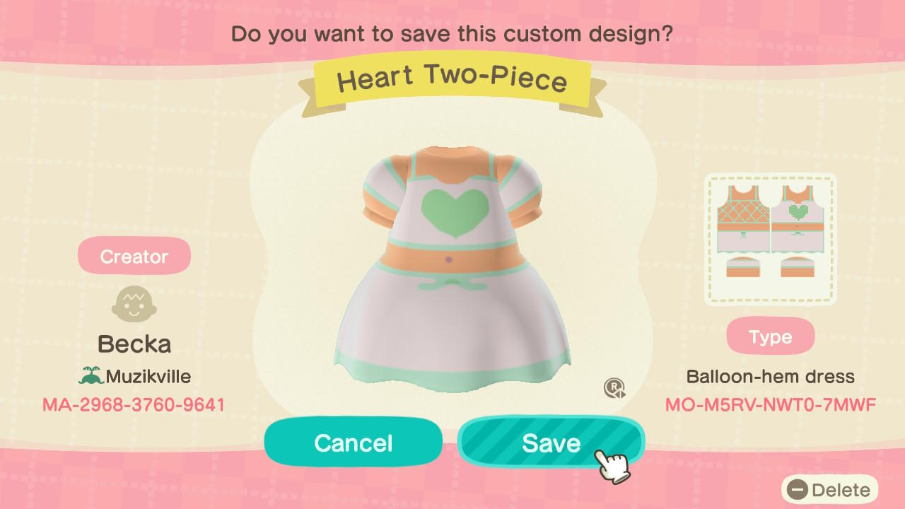 Animal Crossing Design Code: MO-M5RV-NWT0-7MWF Heart Two-Piece