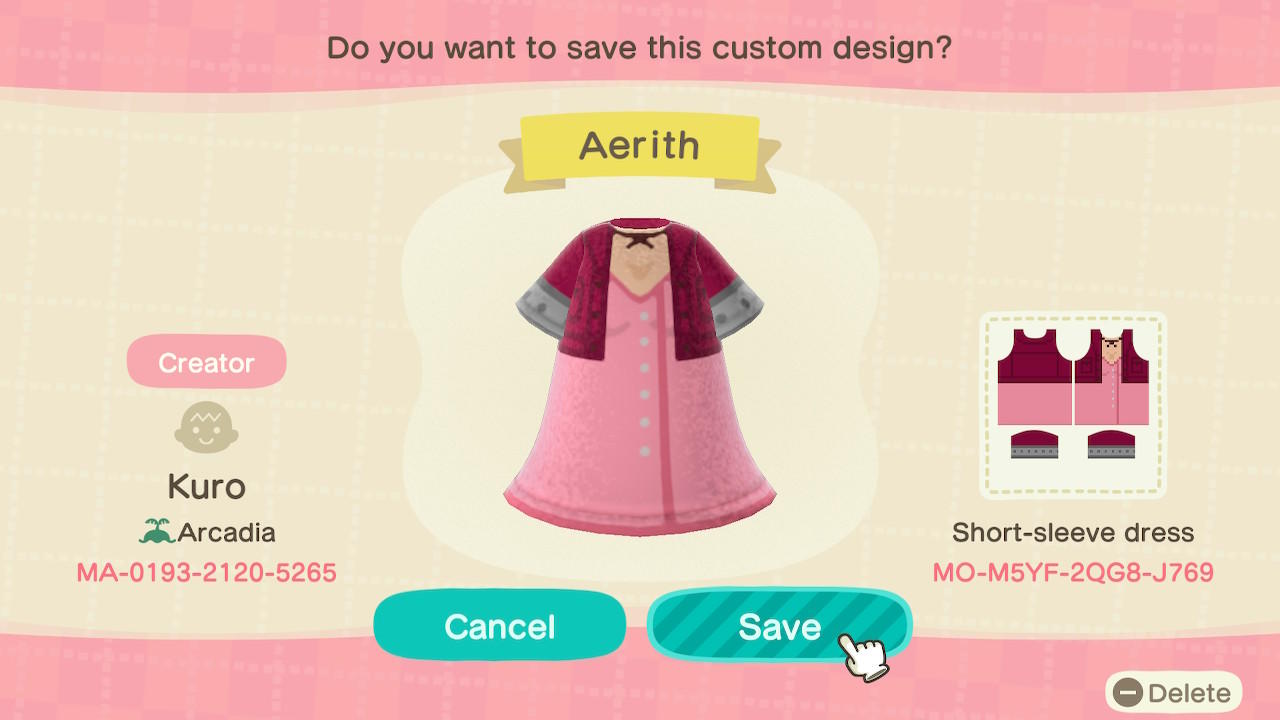 Animal Crossing Design Code: MO-M5YF-2QG8-J769 Aerith