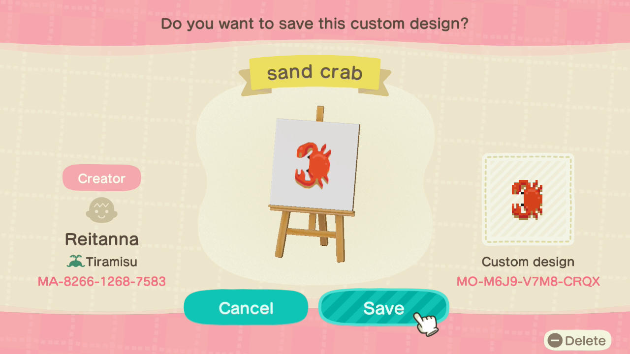 Animal Crossing Design Code: MO-M6J9-V7M8-CRQX sand crab