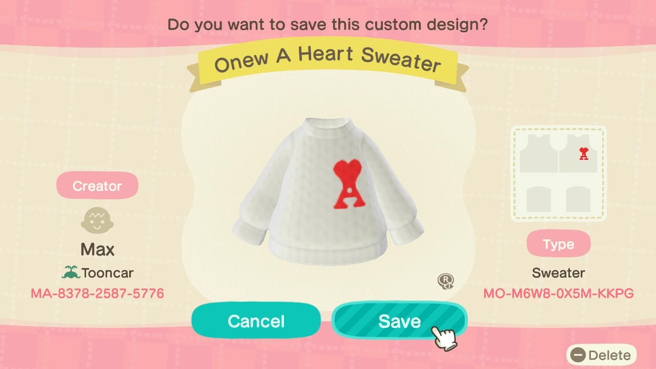 Animal Crossing Design Code: MO-M6W8-0X5M-KKPG Onew A Heart Sweater