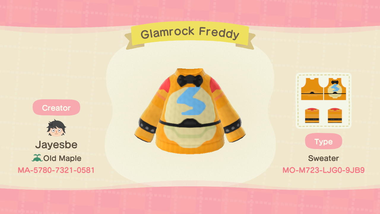 Animal Crossing Design Code: MO-M723-LJG0-9JB9 Glamrock Freddy
