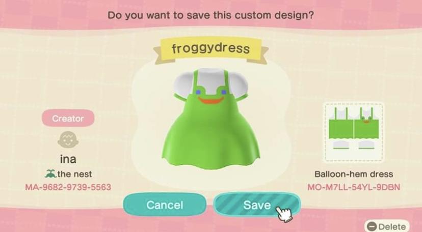 Animal Crossing Design Code: MO-M7LL-54YL-9DBN froggydress