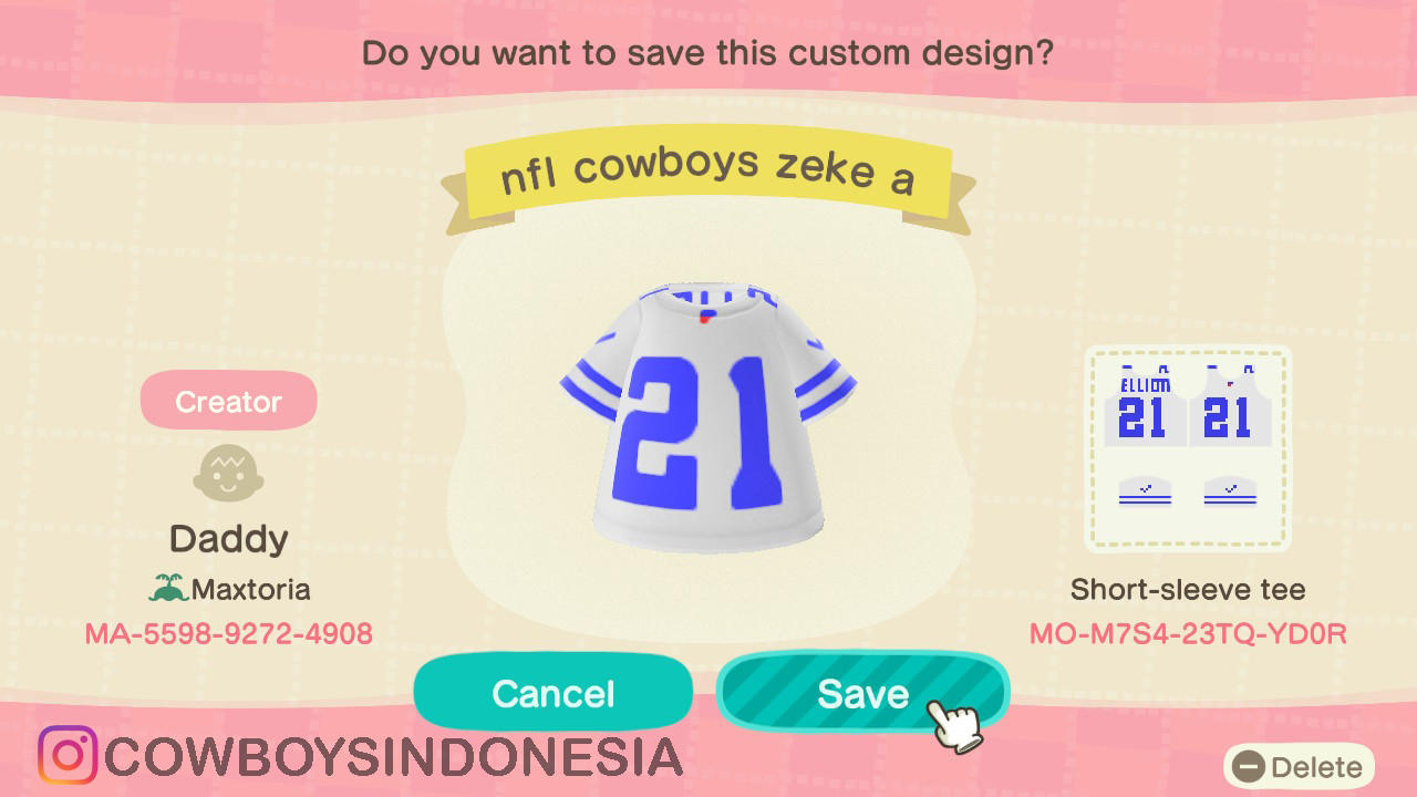 Animal Crossing Design Code: MO-M7S4-23TQ-YD0R NFL Cowboys Zeke Wht