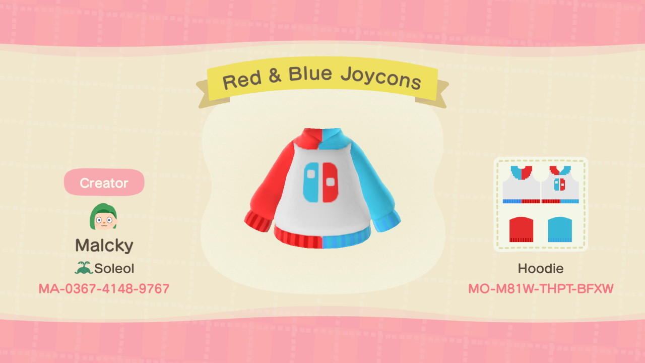 Animal Crossing Design Code: MO-M81W-THPT-BFXW Red & Blue Joycons