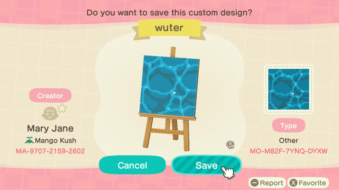 Animal Crossing Design Code: MO-M82F-7YNQ-DYXW Water