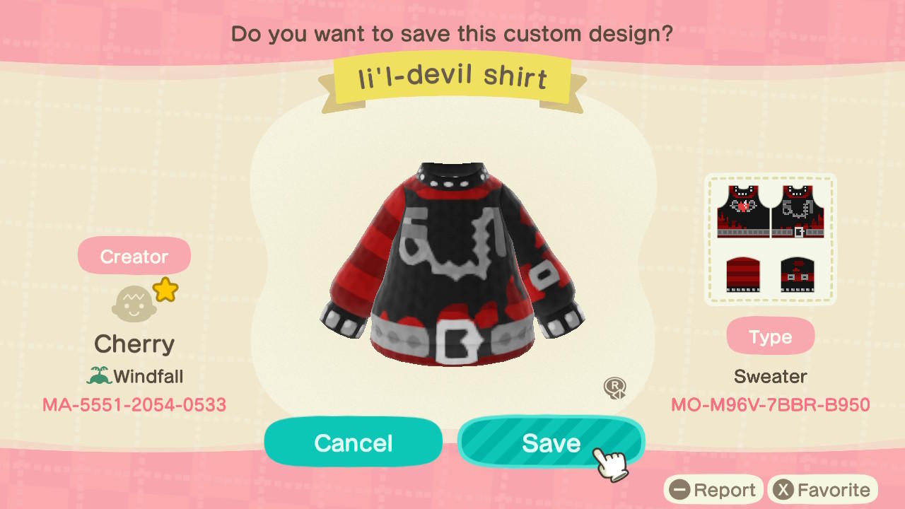 Animal Crossing Design Code: MO-M96V-7BBR-B950 li'l-devil shirt