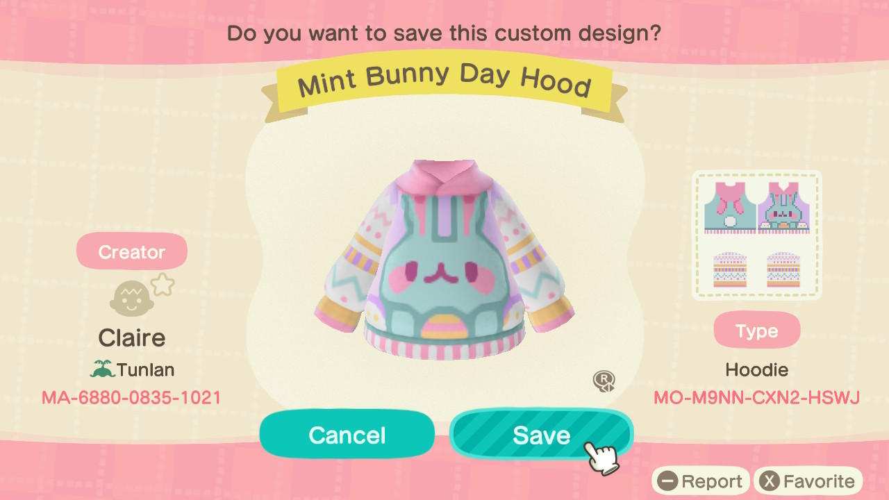 Animal Crossing Design Code: MO-M9NN-CXN2-HSWJ Mint Bunny Day Hood