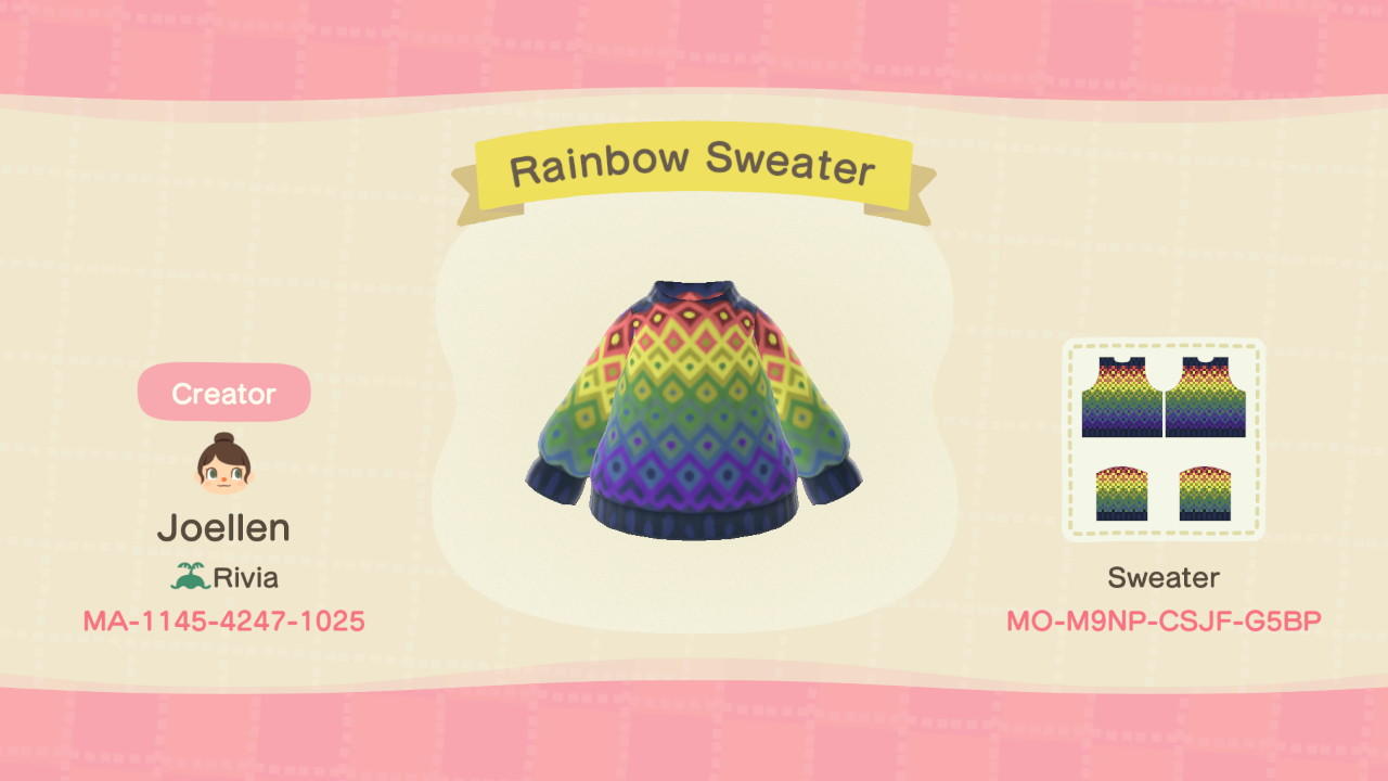 Animal Crossing Design Code: MO-M9NP-CSJF-G5BP Rainbow Sweater