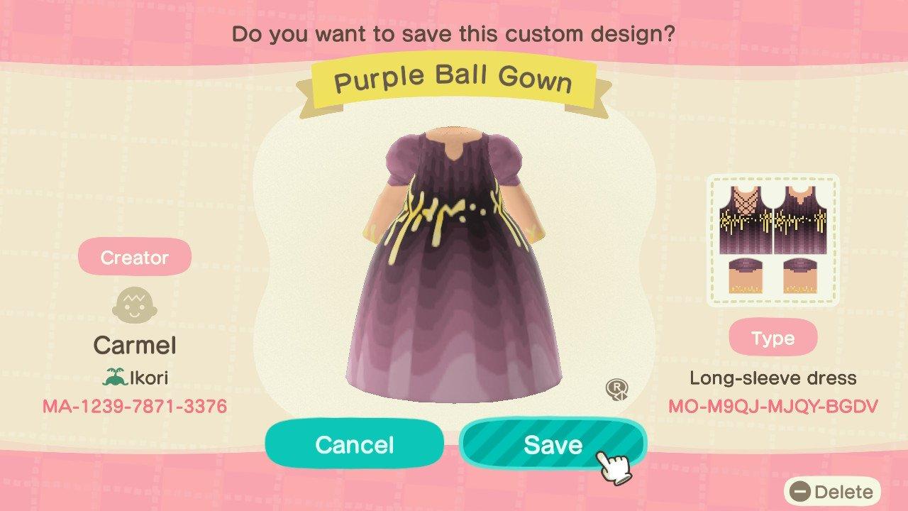 Animal Crossing Design Code: MO-M9QJ-MJQY-BGDV Purple Ball Gown