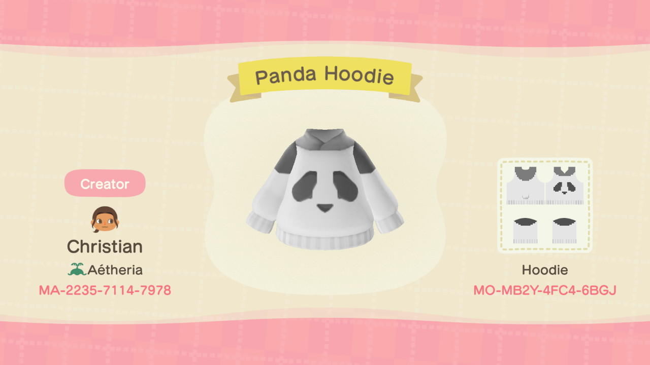 Animal Crossing Design Code: MO-MB2Y-4FC4-6BGJ Panda Hoodie