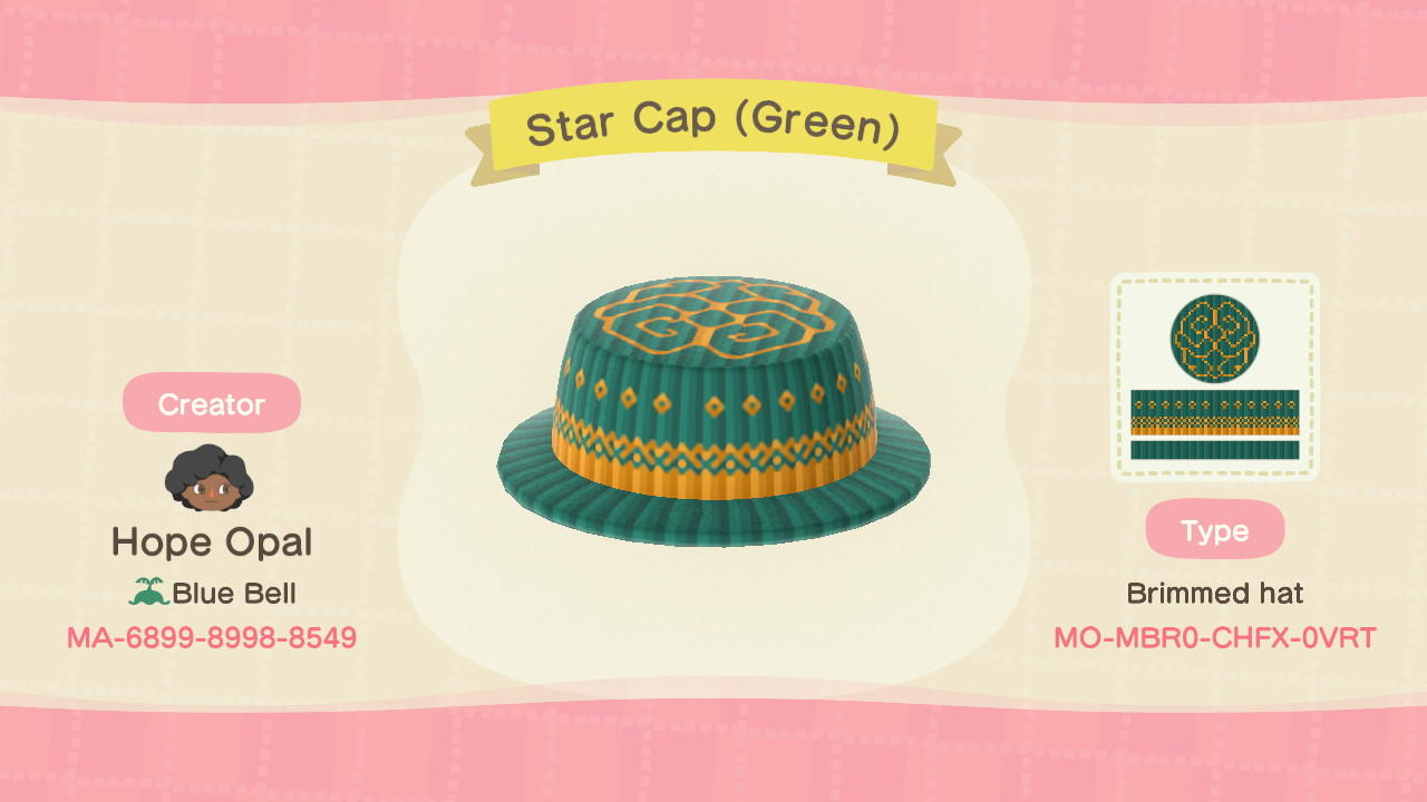 Animal Crossing Design Code: MO-MBR0-CHFX-0VRT Star Cap (Green)