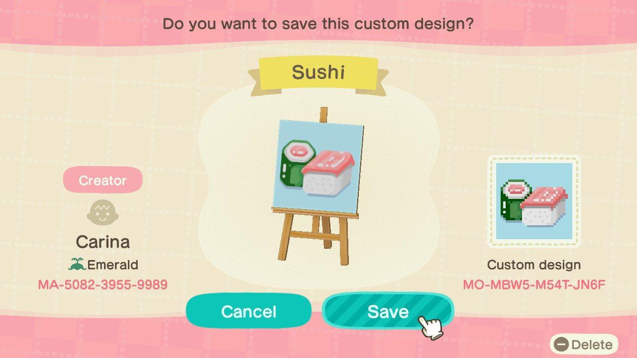 Animal Crossing Design Code: MO-MBW5-M54T-JN6F Sushi
