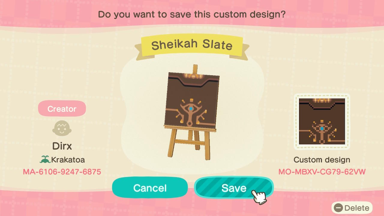 Animal Crossing Design Code: MO-MBXV-CG79-62VW Sheikah Slate