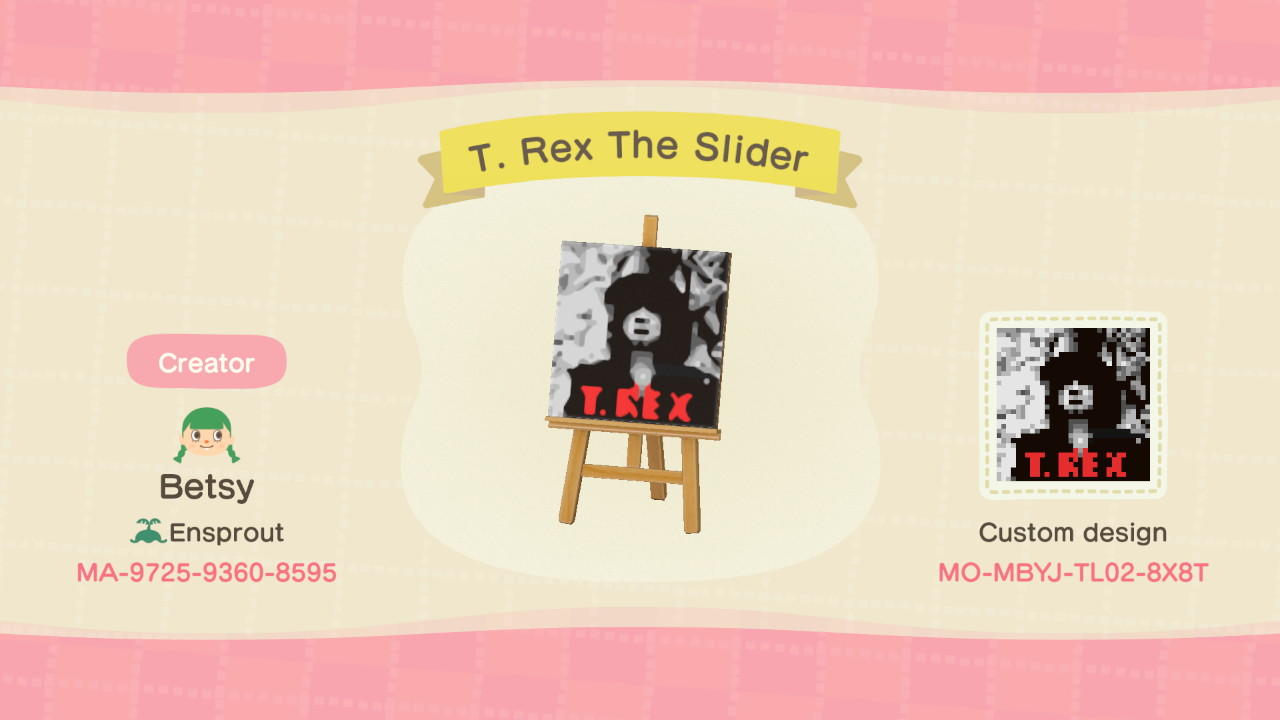 Animal Crossing Design Code: MO-MBYJ-TL02-8X8T T. Rex The Slider