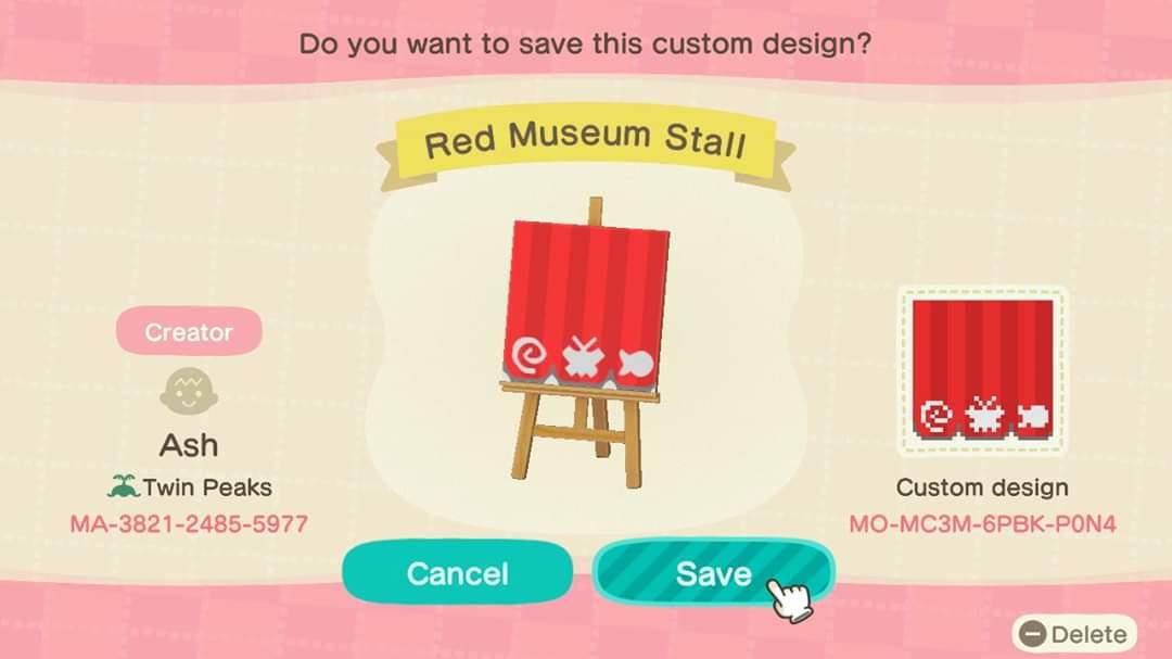 Animal Crossing Design Code: MO-MC3M-6PBK-P0N4 Red Museum Stall