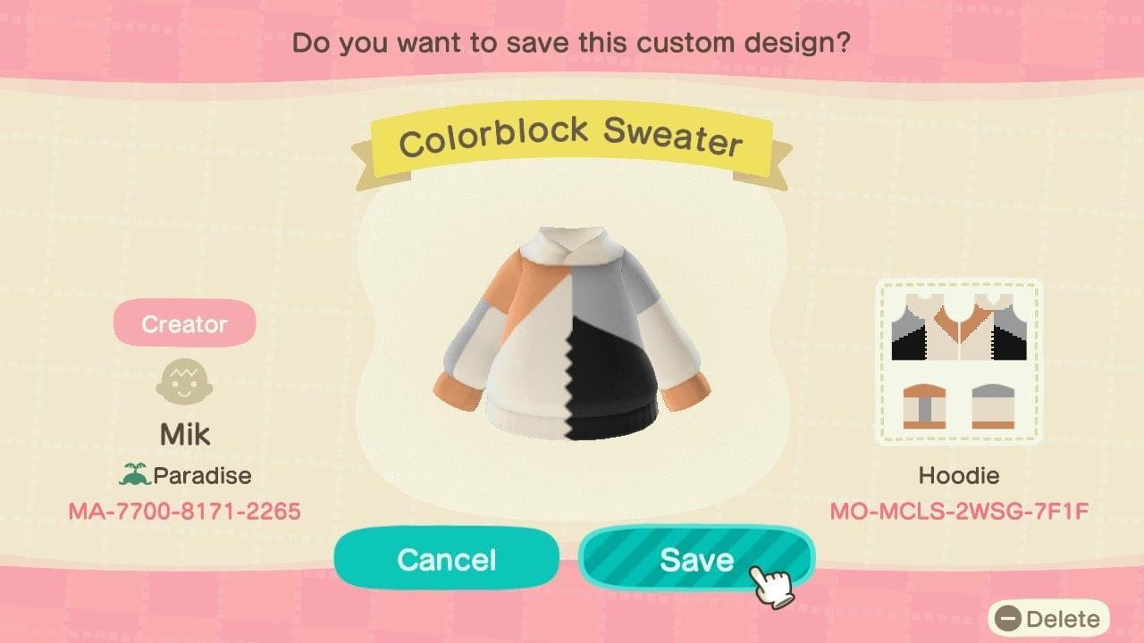 Animal Crossing Design Code: MO-MCLS-2WSG-7F1F Colorblock Sweater