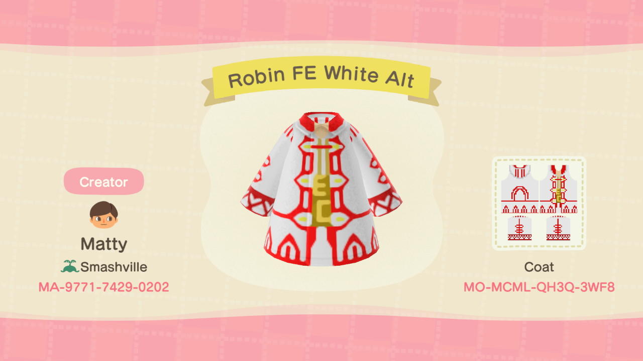 Animal Crossing Design Code: MO-MCML-QH3Q-3WF8 Robin FE White Alt