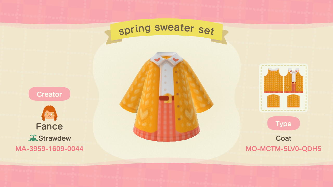 Animal Crossing Design Code: MO-MCTM-5LV0-QDH5 Spring Heart Cardi