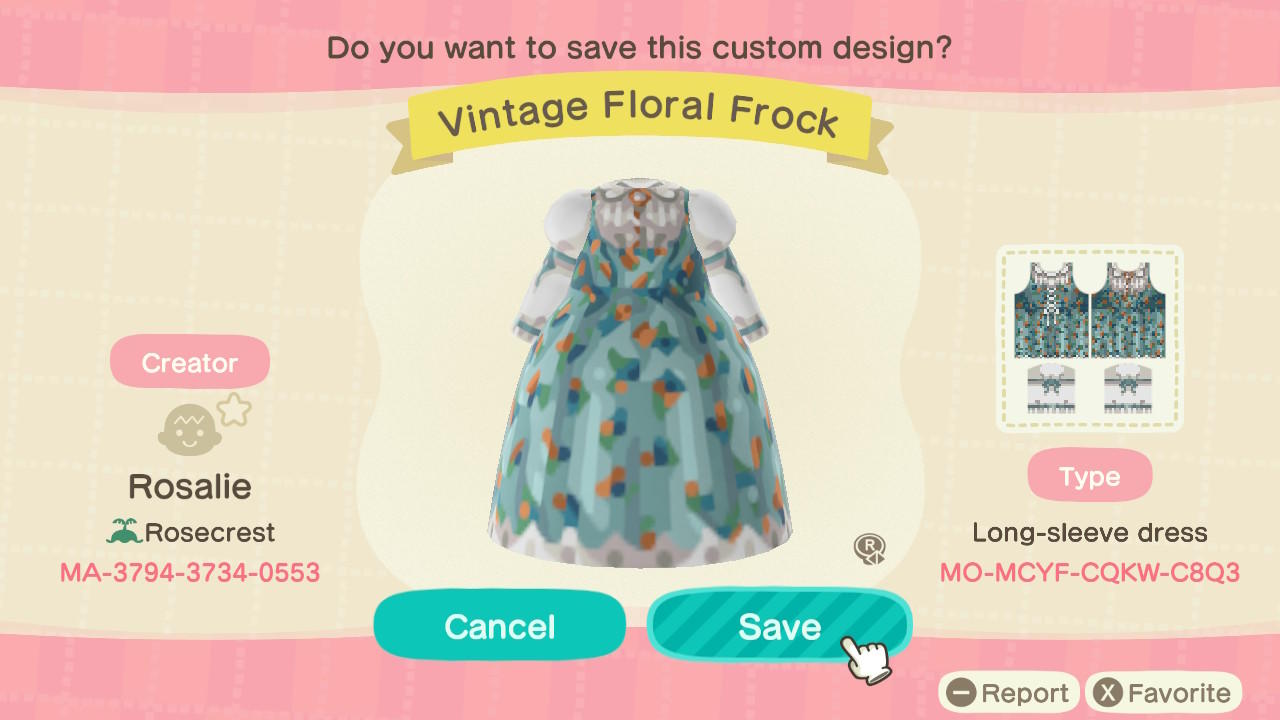 Animal Crossing Design Code: MO-MCYF-CQKW-C8Q3 Vintage Floral Frock