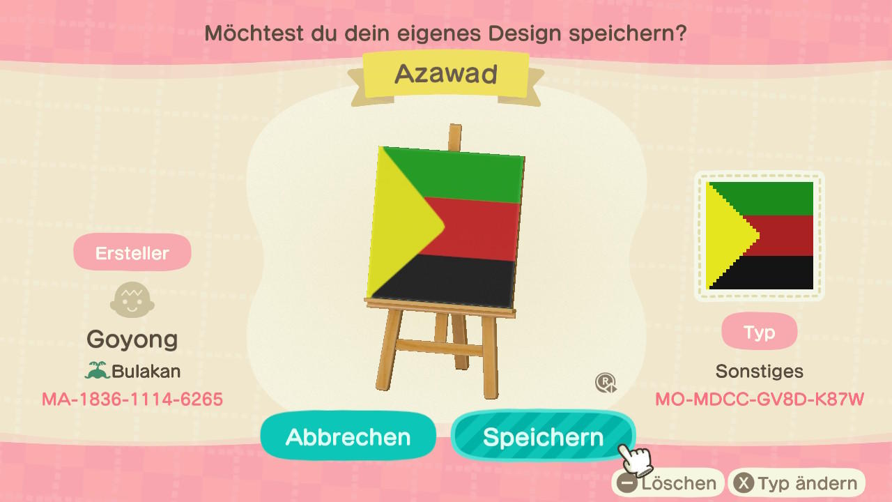 Animal Crossing Design Code: MO-MDCC-GV8D-K87W Azawad