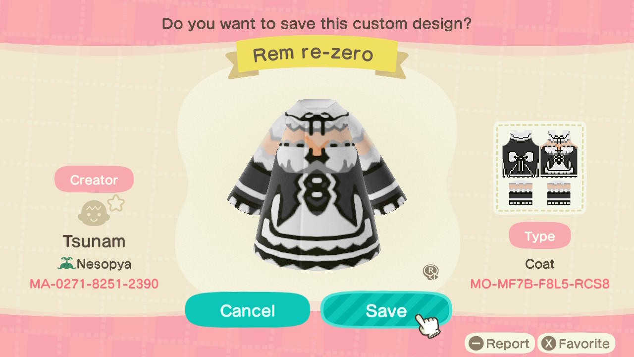 Animal Crossing Design Code: MO-MF7B-F8L5-RCS8 Rem Re-Zero