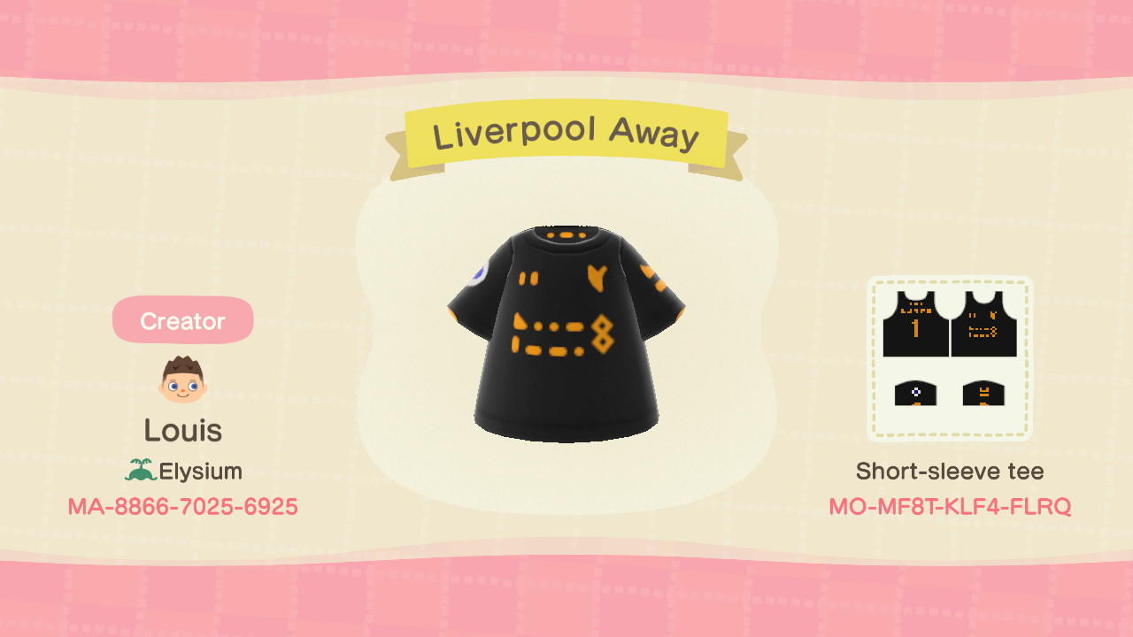 Animal Crossing Design Code: MO-MF8T-KLF4-FLRQ Liverpool Away Shirt