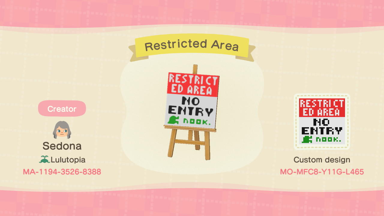 Animal Crossing Design Code: MO-MFC8-Y11G-L465 Restricted Area