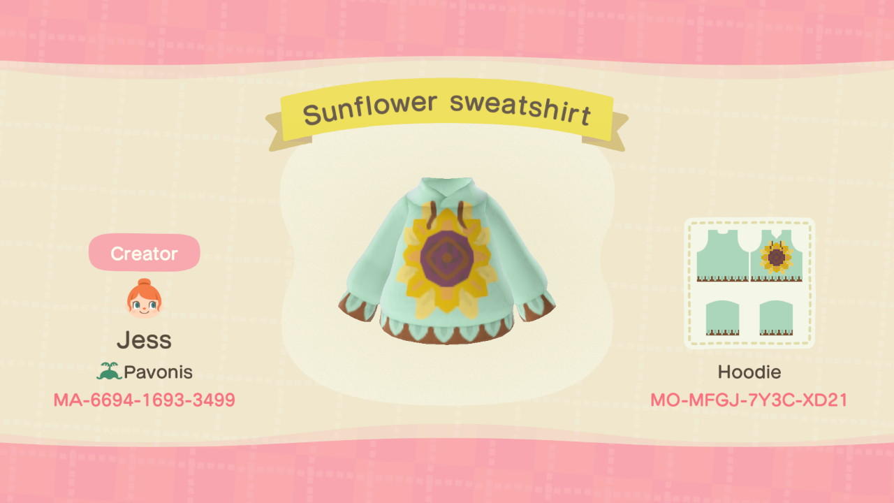 Animal Crossing Design Code: MO-MFGJ-7Y3C-XD21 Sunflower Hoodie