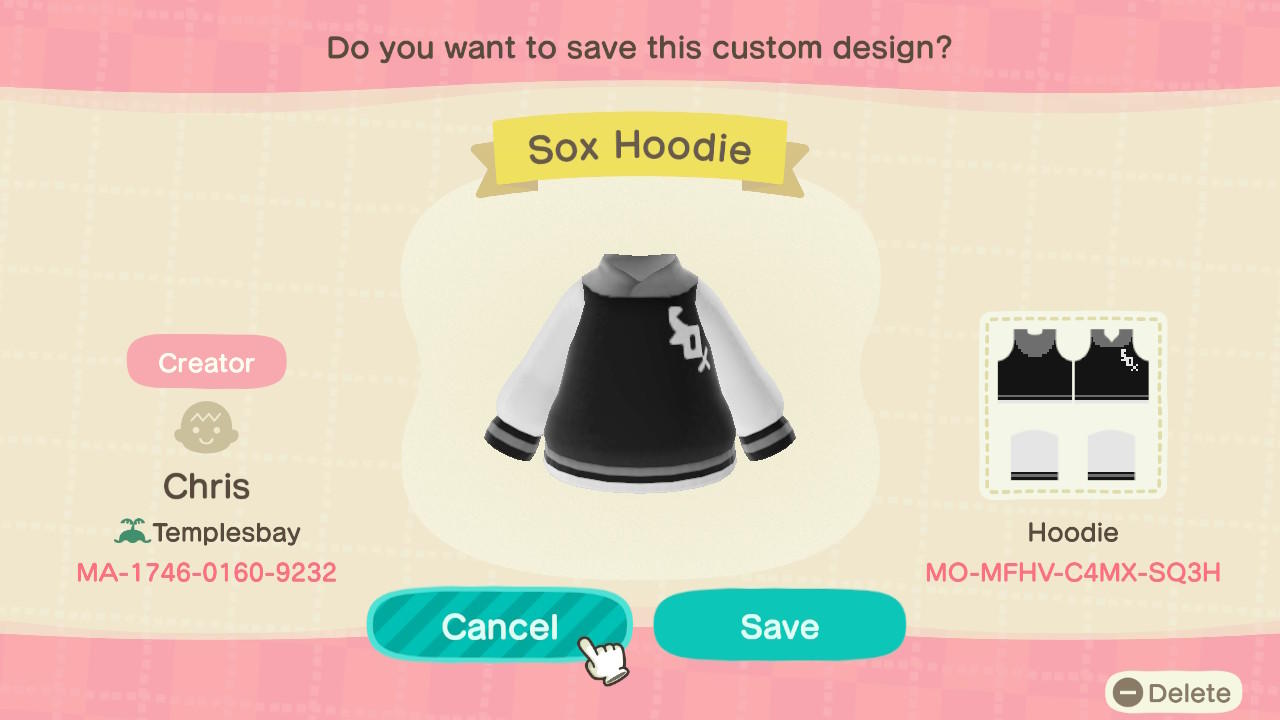 Animal Crossing Design Code: MO-MFHV-C4MX-SQ3H Sox Hoodie
