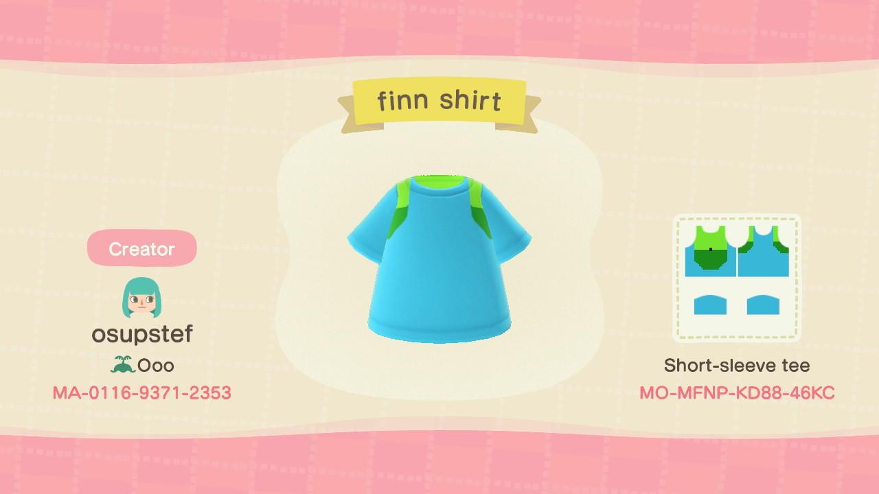 Animal Crossing Design Code: MO-MFNP-KD88-46KC Finn&#39;s Shirt