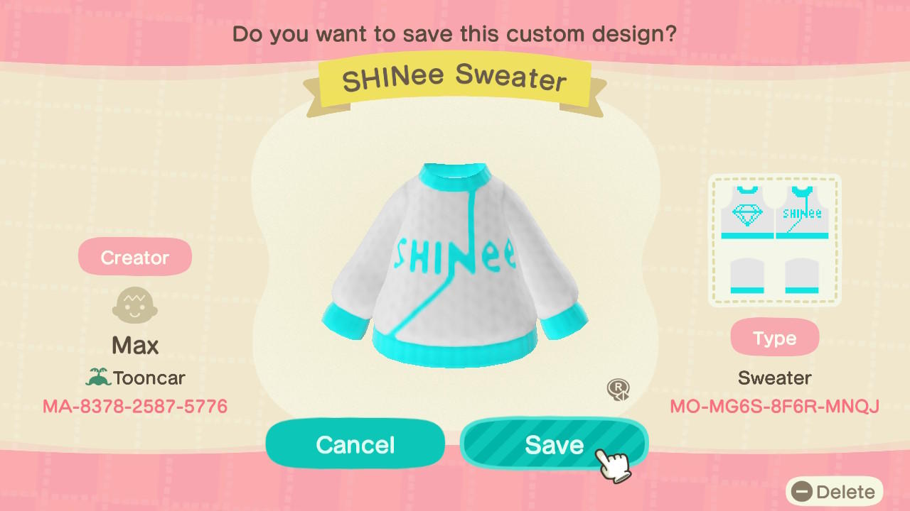 Animal Crossing Design Code: MO-MG6S-8F6R-MNQJ SHINee Sweater