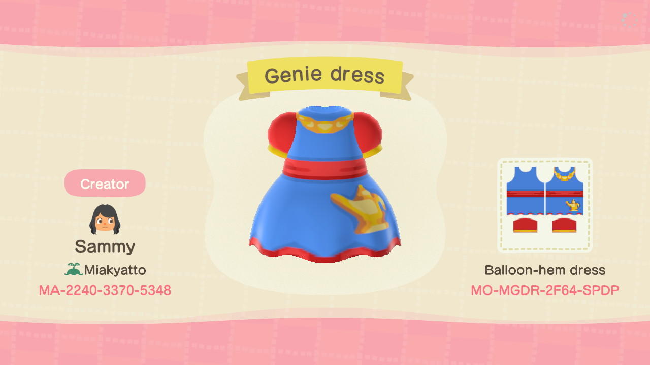 Animal Crossing Design Code: MO-MGDR-2F64-SPDP Genie dress