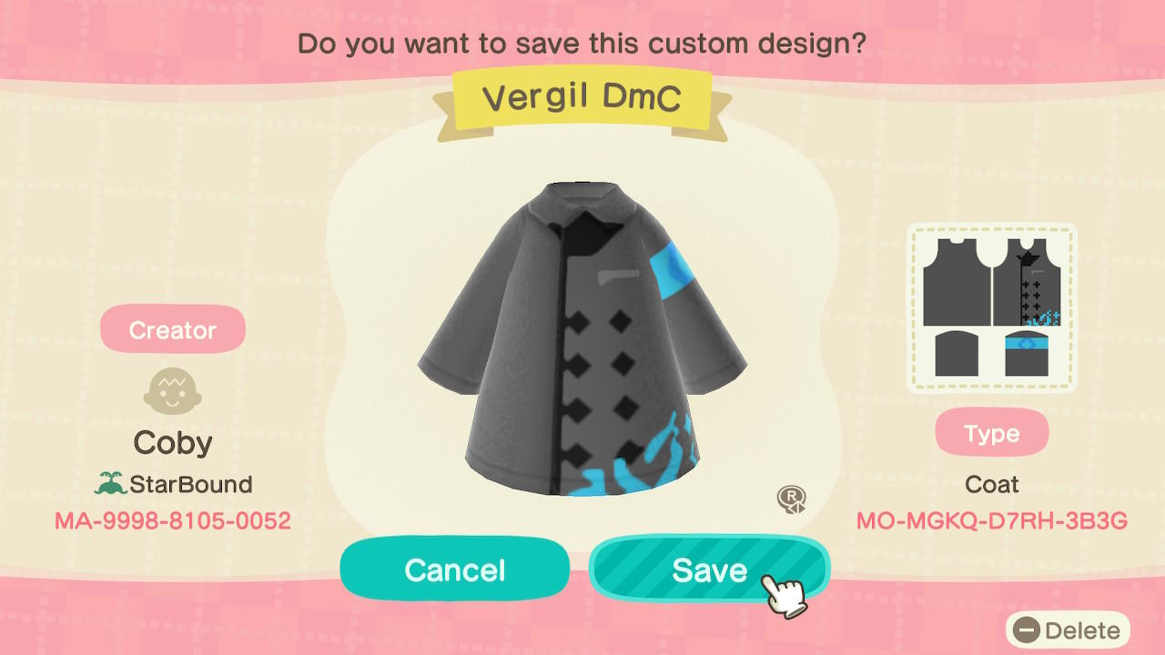 Animal Crossing Design Code: MO-MGKQ-D7HR-3B3G Vergil DmC