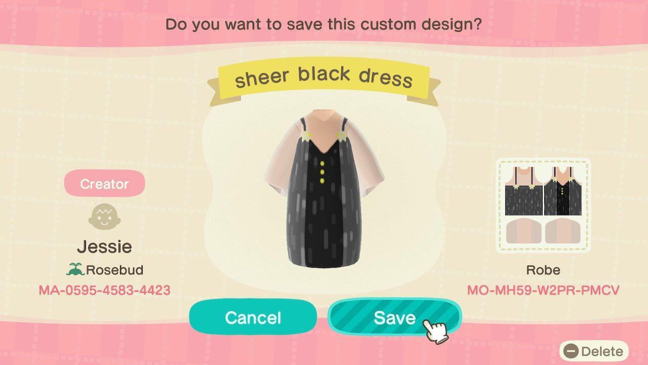 Animal Crossing Design Code: MO-MH59-W2PR-PMCV sheer black dress