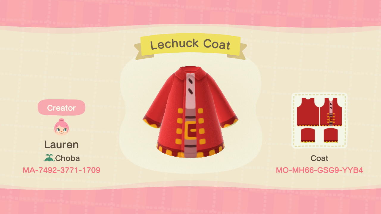 Animal Crossing Design Code: MO-MH66-GSG9-YYB4 LeChuck&#39;s Coat
