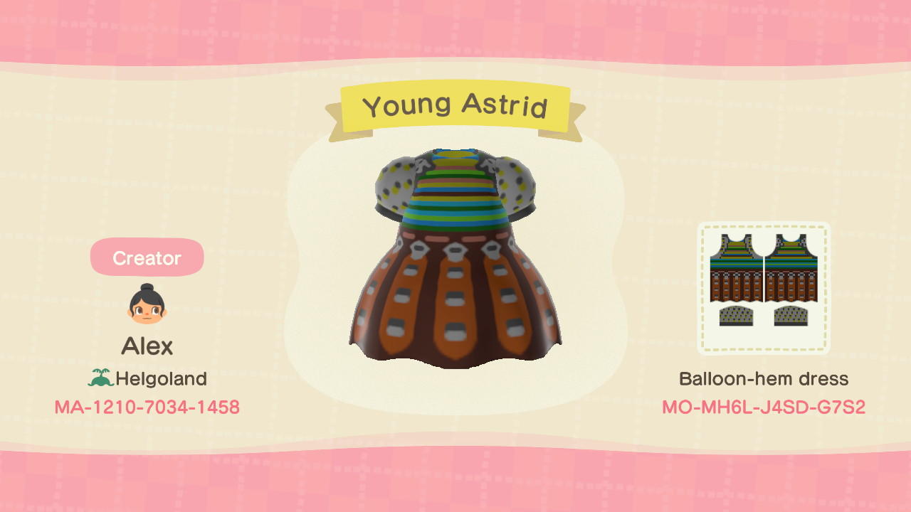 Animal Crossing Design Code: MO-MH6L-J4SD-G7S2 Young Astrid